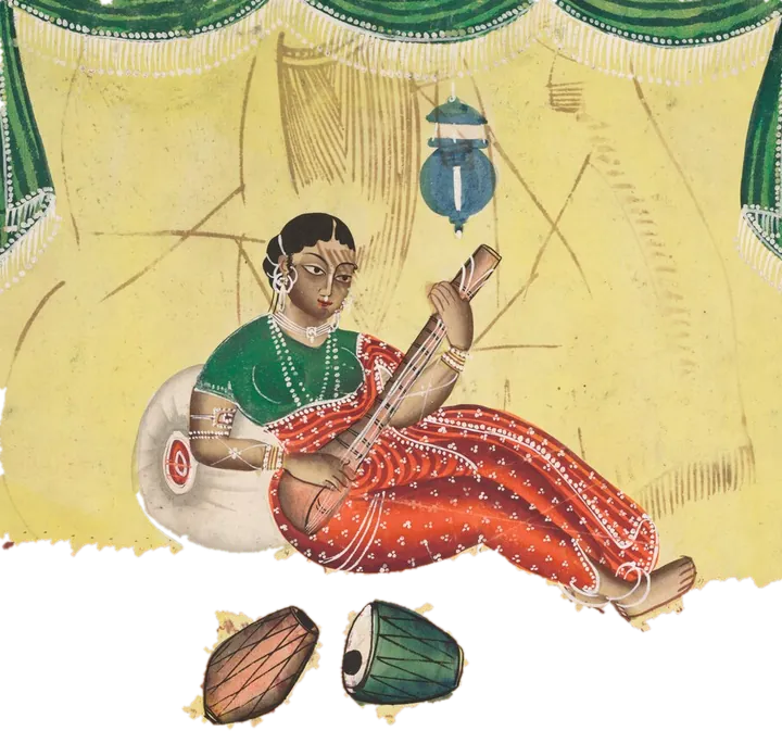 Kalighat painting of a woman playing music